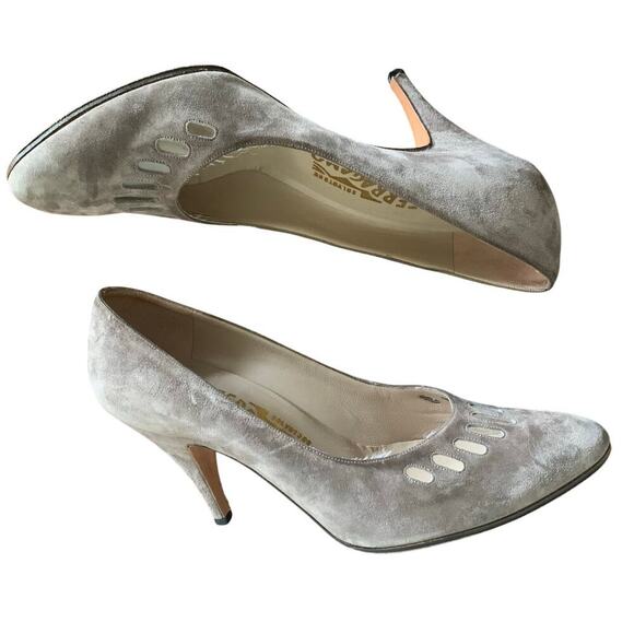 Salvatore Ferragamo Gray Leather Suede Cut Out Heels Size 7.5 B Luxury Old Money - Picture 5 of 12
